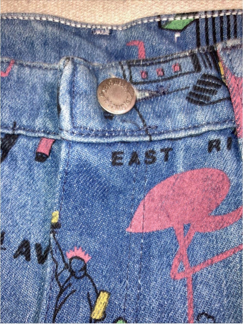 Vintage Wrangler Pink Flamingo Denim Blue Jeans New York All Over Print Womens 9 - Picture 15 of 16